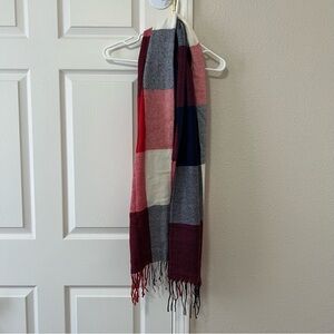 Oversized Plaid Blanket Scarf Red Navy Ivory Fringe